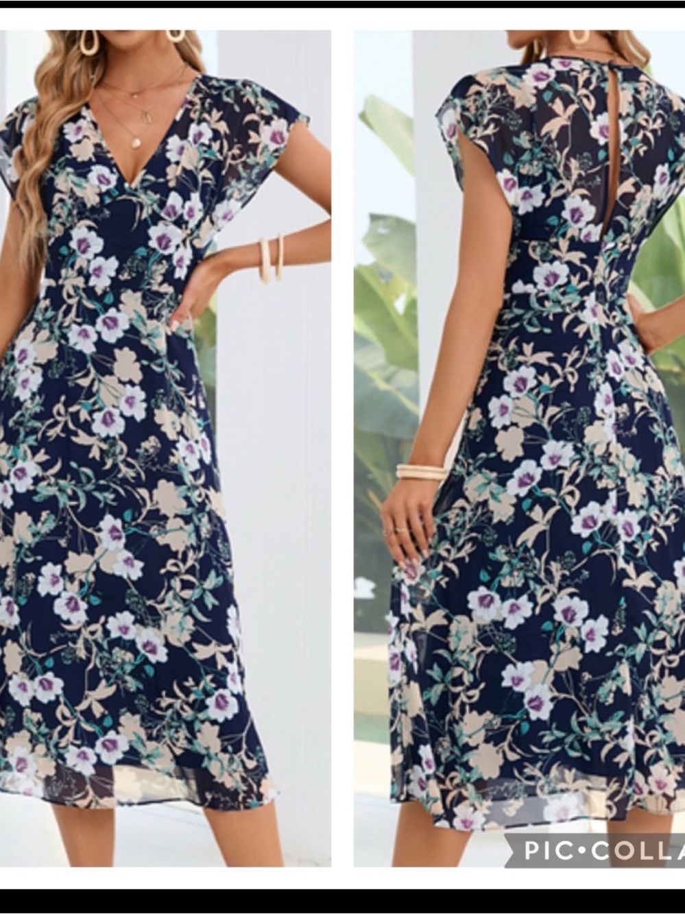 JJs House Navy Floral V-Neck Midi Dress size L